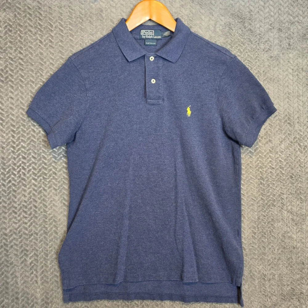 Polo Ralph Lauren Mens Custom Fit Polo Shirt Blue Heather Yellow Pony Size M